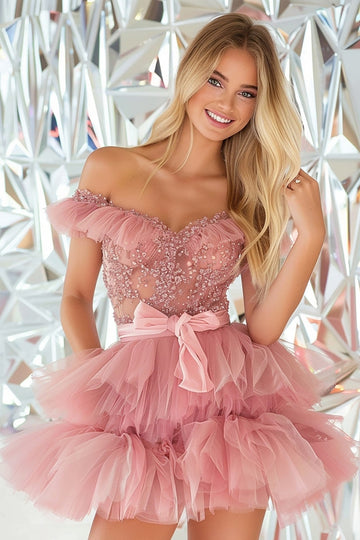 Blush Off The Shoulder A Line Homecoming Dress with Beading